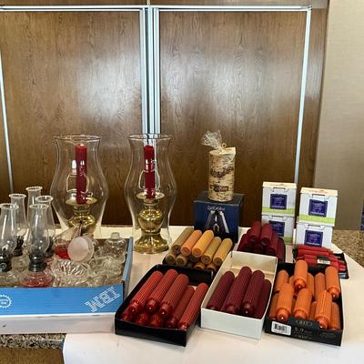 K1047 Lot of Brass Candlesticks with Hurricane Globes and ROOT Candles