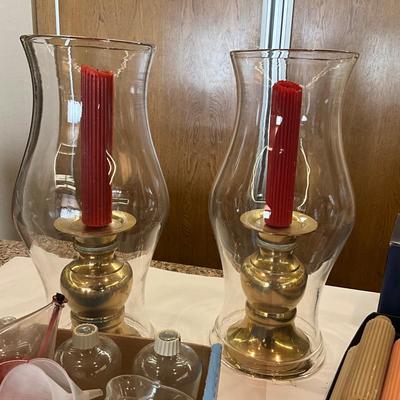 K1047 Lot of Brass Candlesticks with Hurricane Globes and ROOT Candles