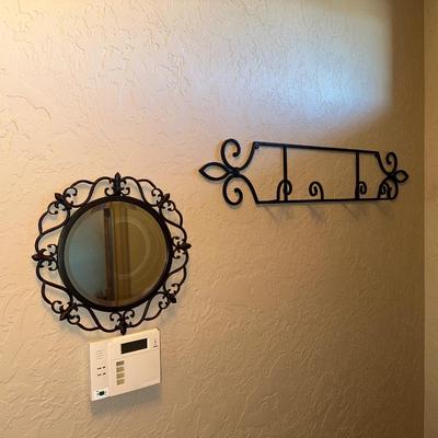 IRON WALL HUNG COAT RACK AND MIRROR PLUS A SIGN