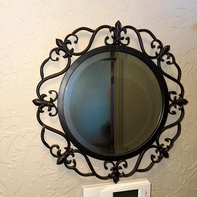 IRON WALL HUNG COAT RACK AND MIRROR PLUS A SIGN