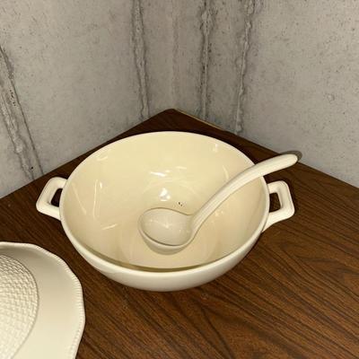 LARGE MIKASA SOUP TUREEN, PLACE CARD HOLDERS, BUTTER DISH AND PEWTER STIR STICKS