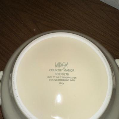 LARGE MIKASA SOUP TUREEN, PLACE CARD HOLDERS, BUTTER DISH AND PEWTER STIR STICKS