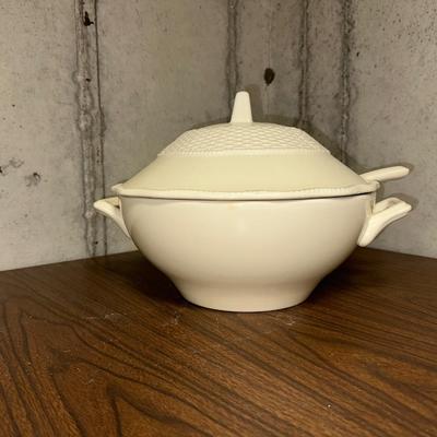 LARGE MIKASA SOUP TUREEN, PLACE CARD HOLDERS, BUTTER DISH AND PEWTER STIR STICKS