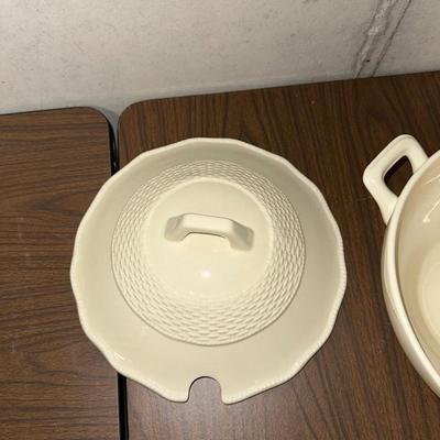 LARGE MIKASA SOUP TUREEN, PLACE CARD HOLDERS, BUTTER DISH AND PEWTER STIR STICKS