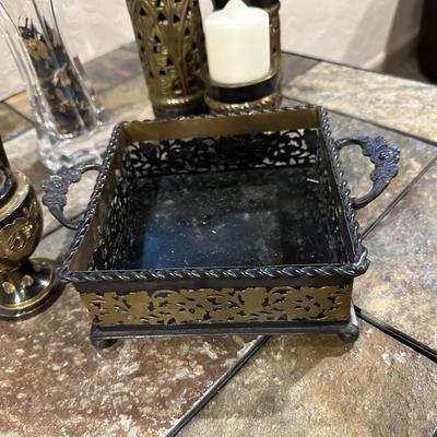 BRASS AND METAL CANDLE HOLDERS PLUS A GLASS VASE