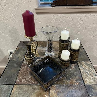 BRASS AND METAL CANDLE HOLDERS PLUS A GLASS VASE