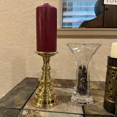 BRASS AND METAL CANDLE HOLDERS PLUS A GLASS VASE