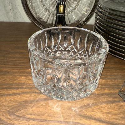12 GLASS PLATES WITH SILVER RIM, BUTTER DISH & CRYSTAL BOWL