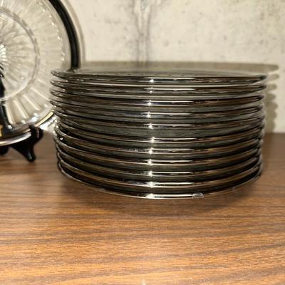 12 GLASS PLATES WITH SILVER RIM, BUTTER DISH & CRYSTAL BOWL