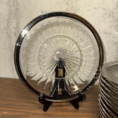 12 GLASS PLATES WITH SILVER RIM, BUTTER DISH & CRYSTAL BOWL