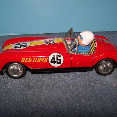 LOT 180 GREAT VINTAGE TIN LITHO RED HAWK RACE CAR FRICTION YONEZOWA/JAPAN