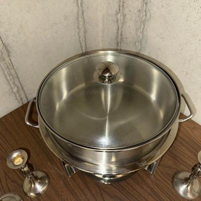 STAINLESS STEEL CHAFING DISH, 4 METAL AND 2 GLASS CANDLE HOLDERS
