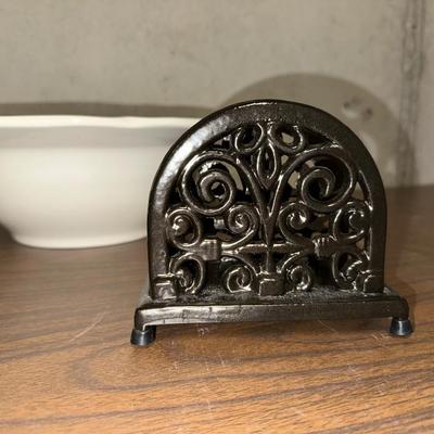 MIKASA SERVING BOWL, IRON PAPER TOWEL HOLDER & NAPKIN HOLDER, 4 GLASS DISHES WITH GOLD RIM