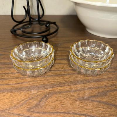 MIKASA SERVING BOWL, IRON PAPER TOWEL HOLDER & NAPKIN HOLDER, 4 GLASS DISHES WITH GOLD RIM