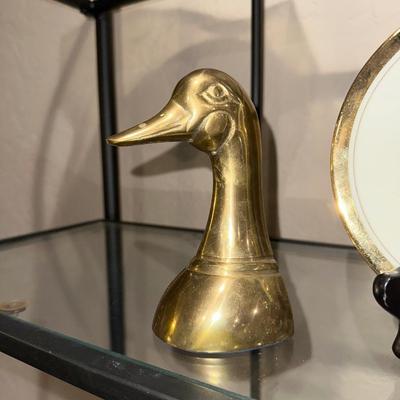 BRASS GOOSE HEAD BOOKENDS & CHOKIN PLATE