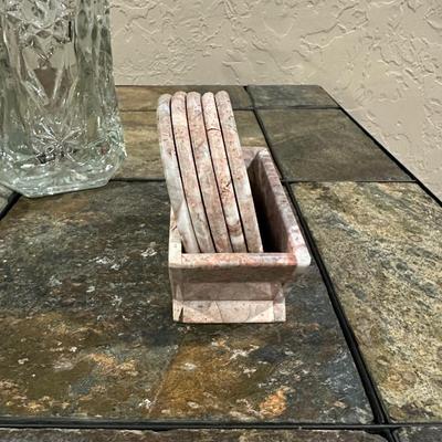 3 MARBLE CANDLE HOLDERS AND COASTERS PLUS GLASS VASE