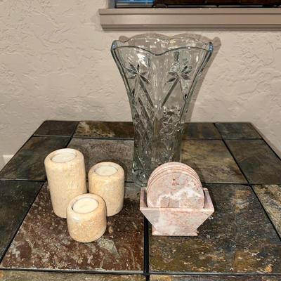 3 MARBLE CANDLE HOLDERS AND COASTERS PLUS GLASS VASE