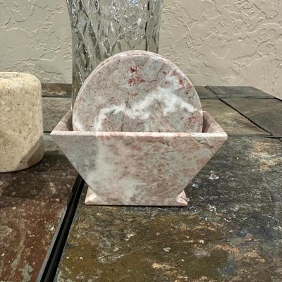3 MARBLE CANDLE HOLDERS AND COASTERS PLUS GLASS VASE