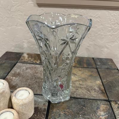 3 MARBLE CANDLE HOLDERS AND COASTERS PLUS GLASS VASE