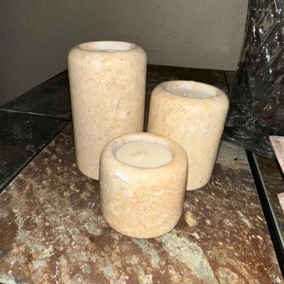 3 MARBLE CANDLE HOLDERS AND COASTERS PLUS GLASS VASE
