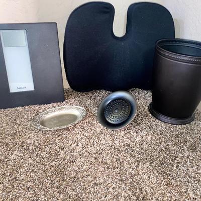 PEWTER SOAP DISH, BRONZE SHOWER HEAD, AND WASTE CAN, TAYLOR SCALE AND SEAT CUSHION