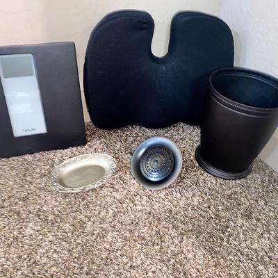 PEWTER SOAP DISH, BRONZE SHOWER HEAD, AND WASTE CAN, TAYLOR SCALE AND SEAT CUSHION