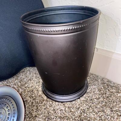 PEWTER SOAP DISH, BRONZE SHOWER HEAD, AND WASTE CAN, TAYLOR SCALE AND SEAT CUSHION