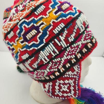 Peruvian Hand Beaded Rainbow Tassel Beanie