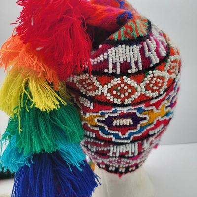 Peruvian Hand Beaded Rainbow Tassel Beanie