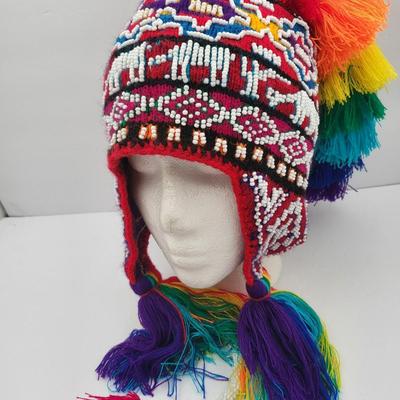 Peruvian Hand Beaded Rainbow Tassel Beanie