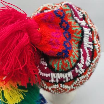 Peruvian Hand Beaded Rainbow Tassel Beanie