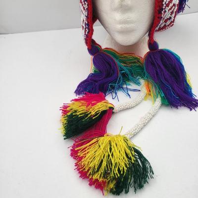 Peruvian Hand Beaded Rainbow Tassel Beanie