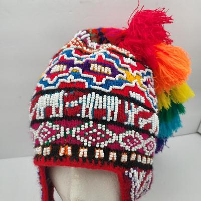 Peruvian Hand Beaded Rainbow Tassel Beanie