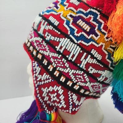 Peruvian Hand Beaded Rainbow Tassel Beanie