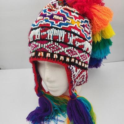 Peruvian Hand Beaded Rainbow Tassel Beanie
