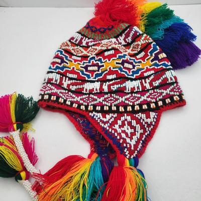 Peruvian Hand Beaded Rainbow Tassel Beanie