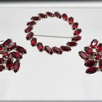 Deep Red Rhinestone B. DAVID Pin & Earring Set