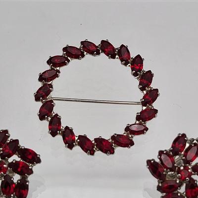 Deep Red Rhinestone B. DAVID Pin & Earring Set