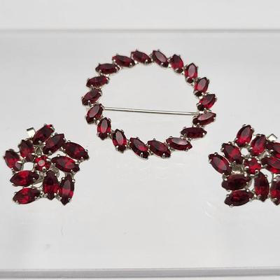 Deep Red Rhinestone B. DAVID Pin & Earring Set