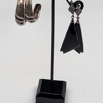Two Pairs Sterling Silver & Onyx Earrings 22.3gr