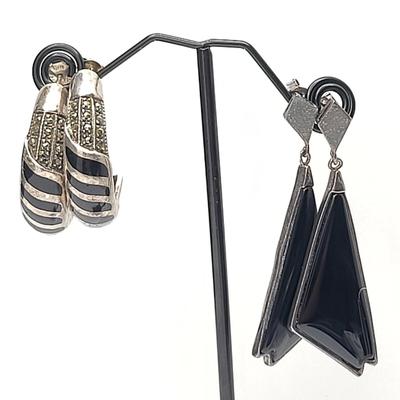 Two Pairs Sterling Silver & Onyx Earrings 22.3gr
