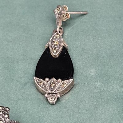 Victorian-Style Sterling Marcasite Onyx Earrings & Cameo Brooch 17.1gr
