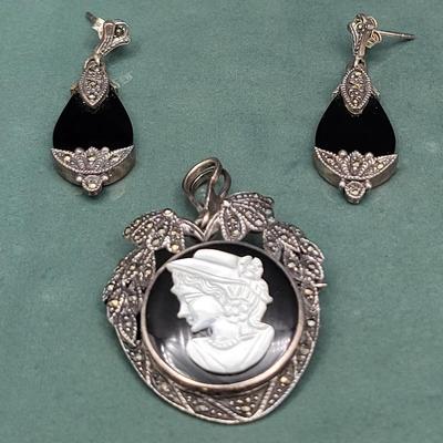 Victorian-Style Sterling Marcasite Onyx Earrings & Cameo Brooch 17.1gr