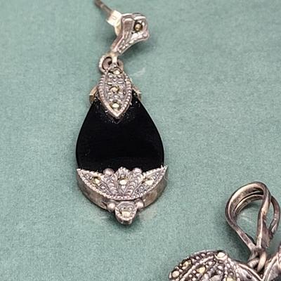 Victorian-Style Sterling Marcasite Onyx Earrings & Cameo Brooch 17.1gr