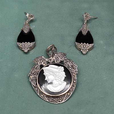 Victorian-Style Sterling Marcasite Onyx Earrings & Cameo Brooch 17.1gr