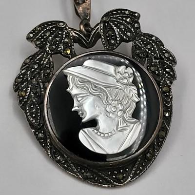 Victorian-Style Sterling Marcasite Onyx Earrings & Cameo Brooch 17.1gr