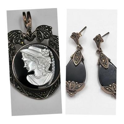 Victorian-Style Sterling Marcasite Onyx Earrings & Cameo Brooch 17.1gr