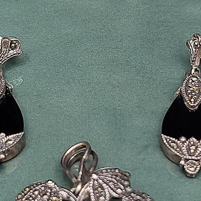 Victorian-Style Sterling Marcasite Onyx Earrings & Cameo Brooch 17.1gr