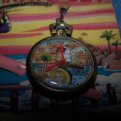 LOT 203 WONDERFUL VINTAGE TIN LITHO TOYS on CARDS PIRATE & WATCH SETS JAPAN