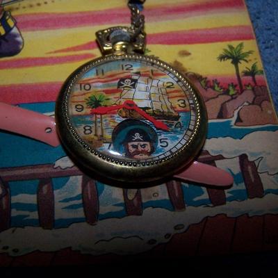 LOT 203 WONDERFUL VINTAGE TIN LITHO TOYS on CARDS PIRATE & WATCH SETS JAPAN